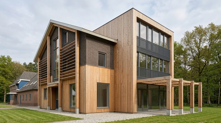 Impressie van de nieuwbouw bij een erf in Schoonloo, met houten gevels en een glazen hoek