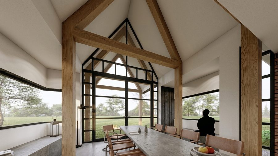 Eetkamer onder de kap met een zichtbare houten constructie en een glazen topgevel