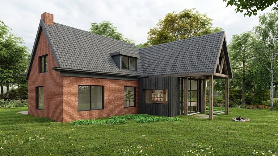 De bestaande bakstenen woning met rechts de nieuwe houten aanbouw