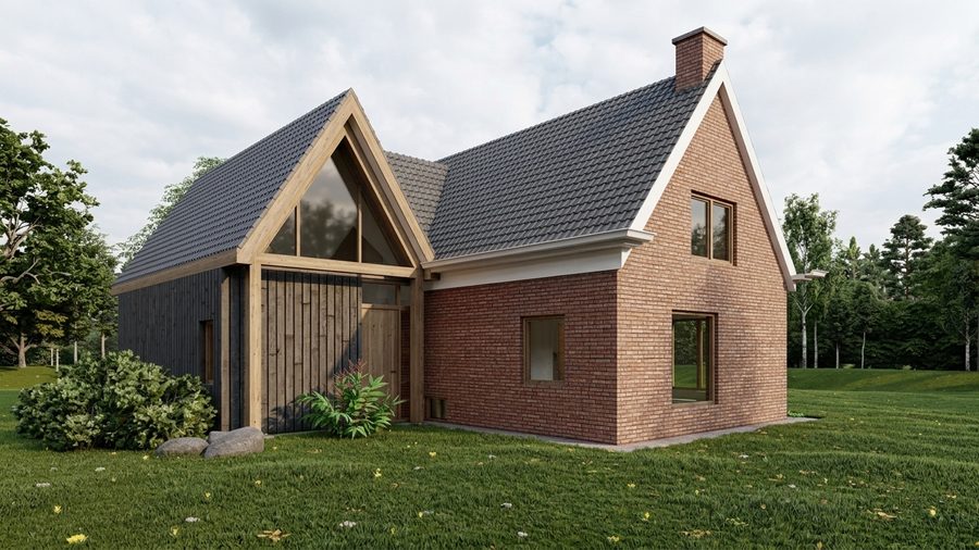 Zijaanzicht van de aanbouw naast de bestaande bakstenen woning