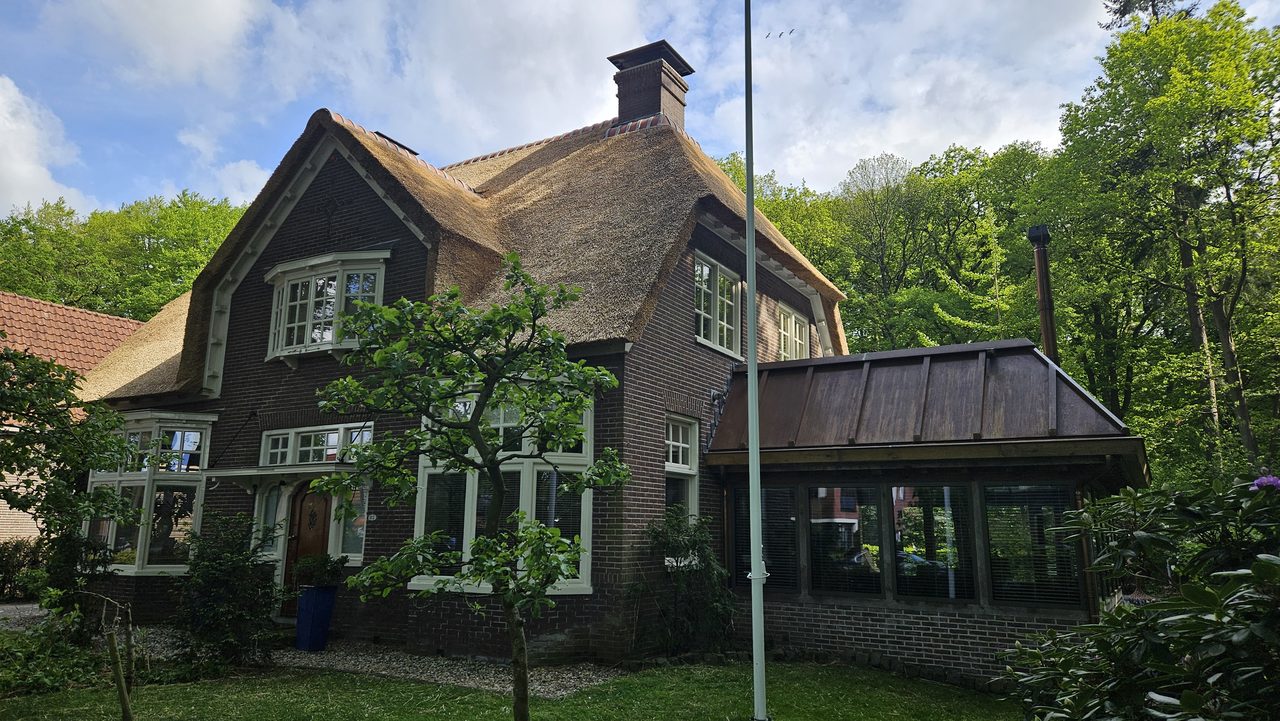 Het pand gezien vanaf het erf tussen de bomen, met de rieten kap