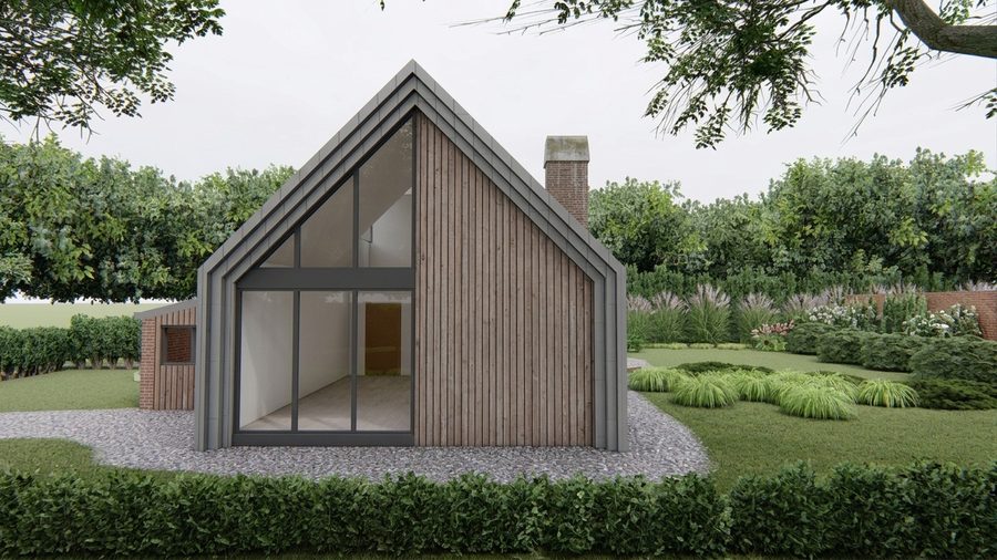 De zijgevel van de woning met een grote pui onder de doorlopende kap