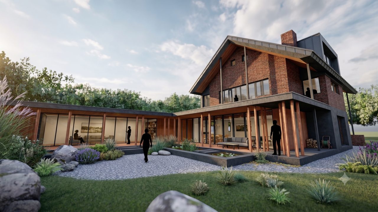 Woning in Zuidlaren met een bakstenen hoofdvolume en een lage houten vleugel in de tuin