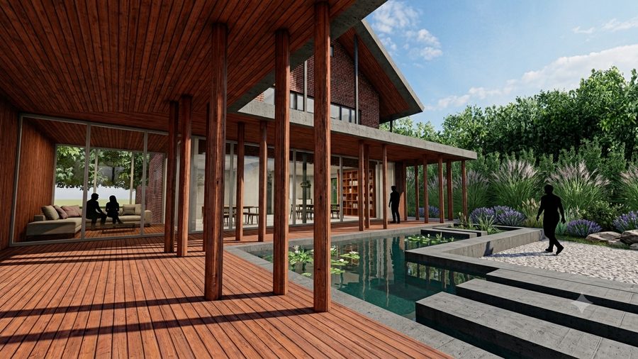 Onder de veranda, met een houten plafond, kolommen en zicht op het water