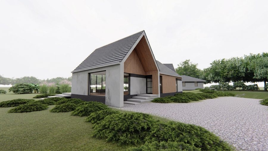 Kopgevel van de woning met houten geveldelen onder de kap