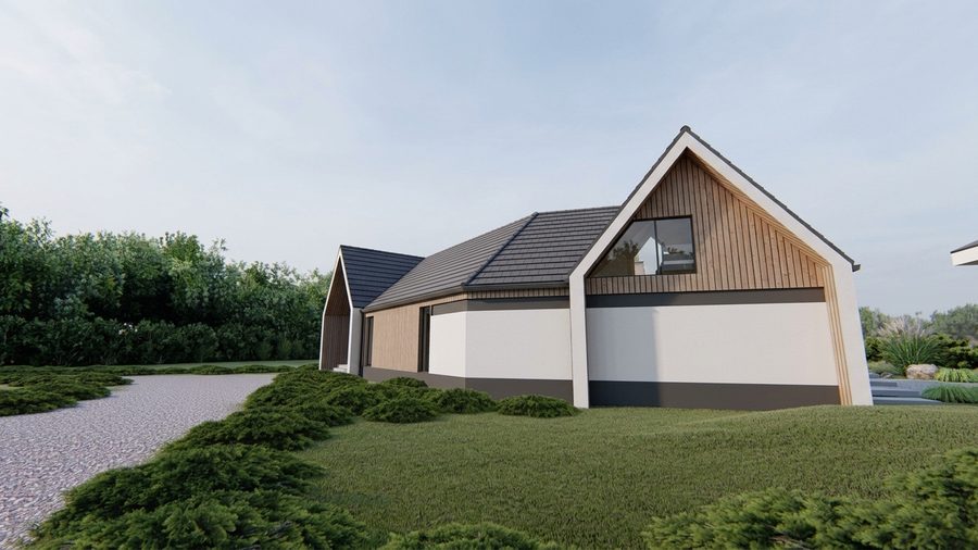 De woning gezien vanaf een andere hoek, met de twee kruisende kappen