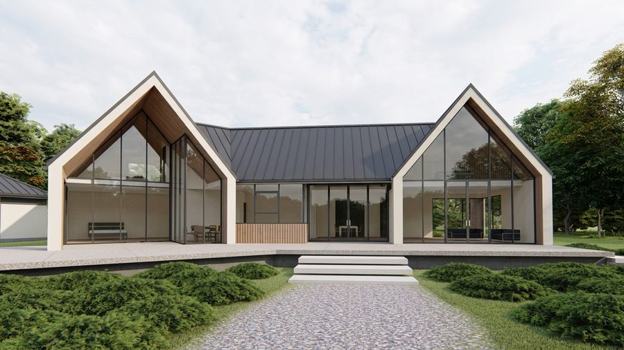 Woning in Eesveen met twee kruisende kappen in wit stucwerk en hout, met grote puien
