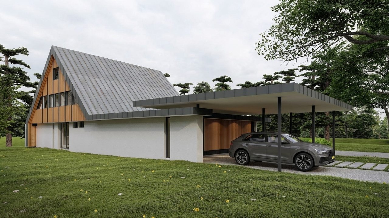 De lage vleugel met de carport onder het doorlopende platte dak