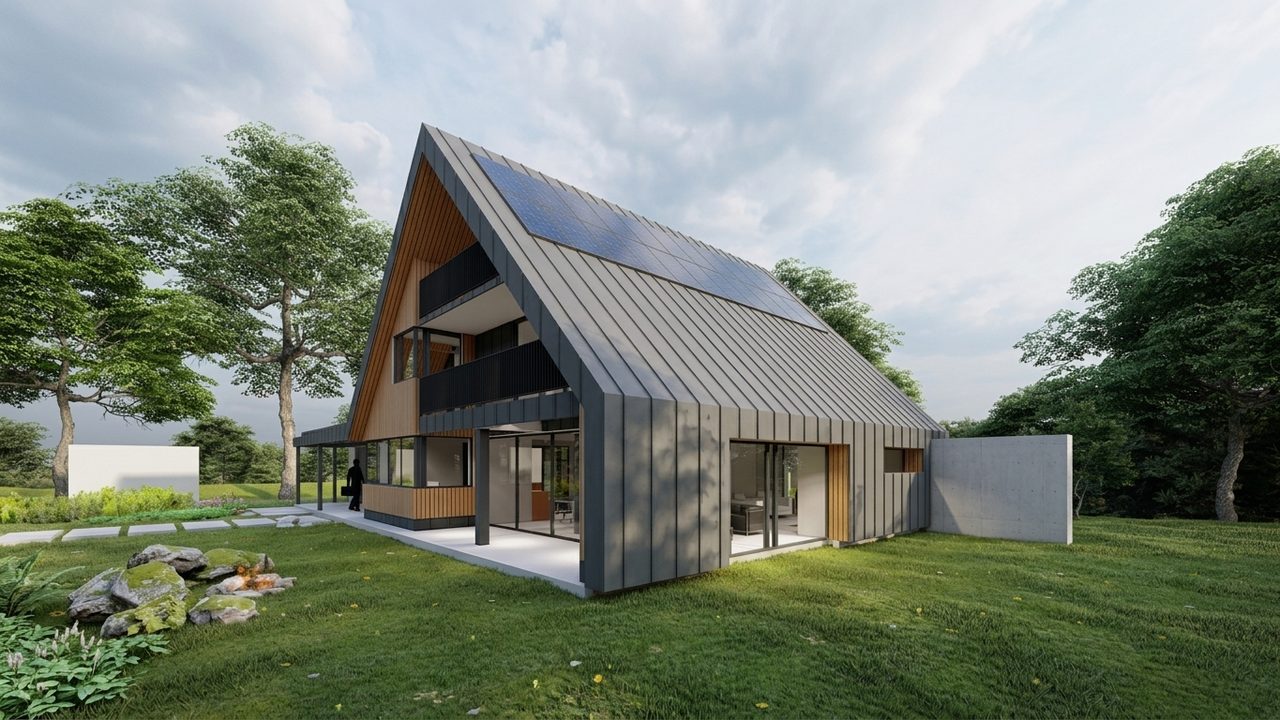 De woning vanaf de tuin, met het dakvlak dat tot laag bij de grond doorloopt