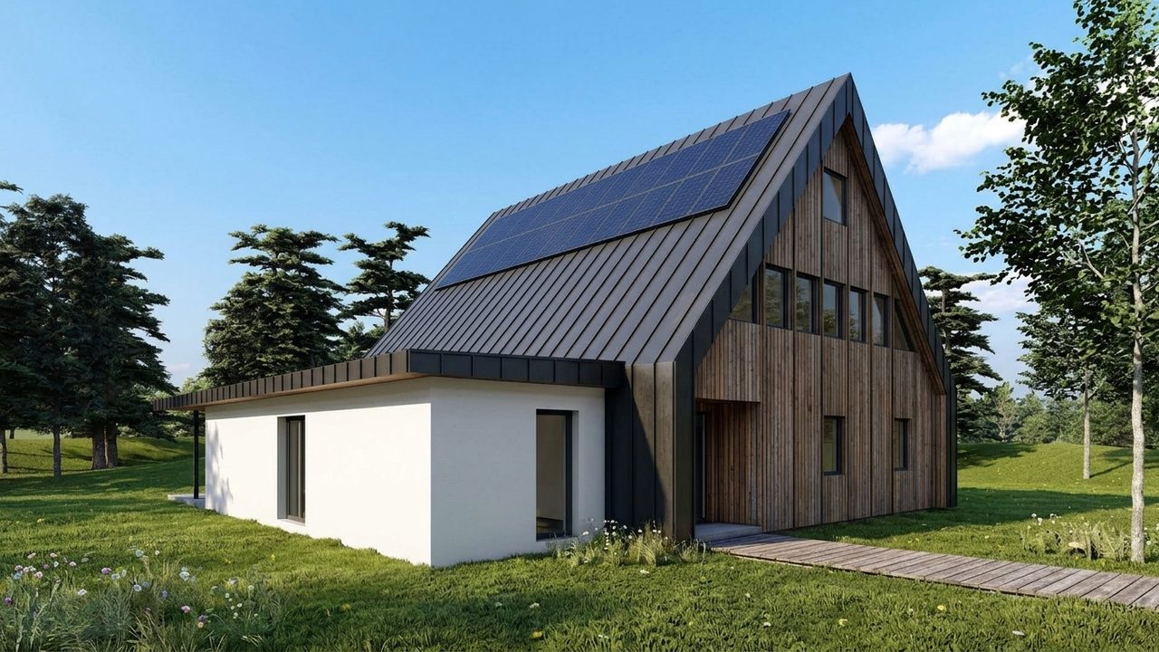 De woning gezien vanaf de zonnepanelen op het dakvlak, met de lage vleugel ervoor