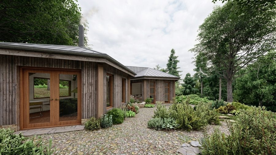 Langszijde van de woning met houten gevelbekleding en een doorlopende raamstrook