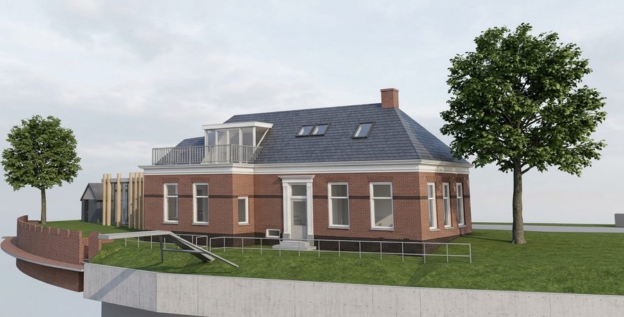 Zijkant van het hoofdgebouw met de entree, een dakkapel met balkon en een schoorsteen