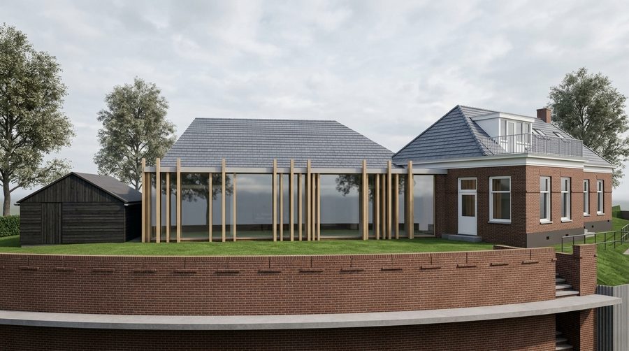 Impressie van de glazen aanbouw met houten kolommen naast het bestaande bakstenen pand