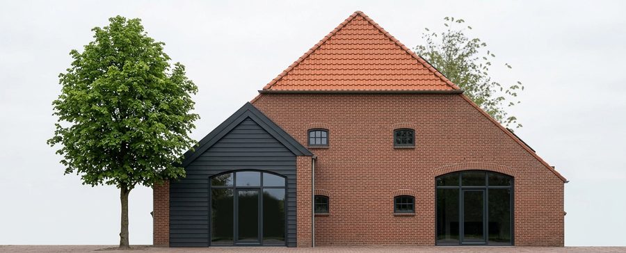 Achtergevel van de boerderij met een deel in zwart gevelhout en boogramen in de bakstenen gevel