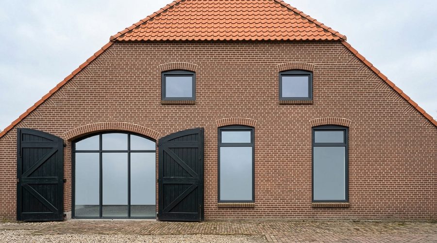 Voorgevel van de woonboerderij in Gieterveen met een grote glazen deeldeur in een boogopening