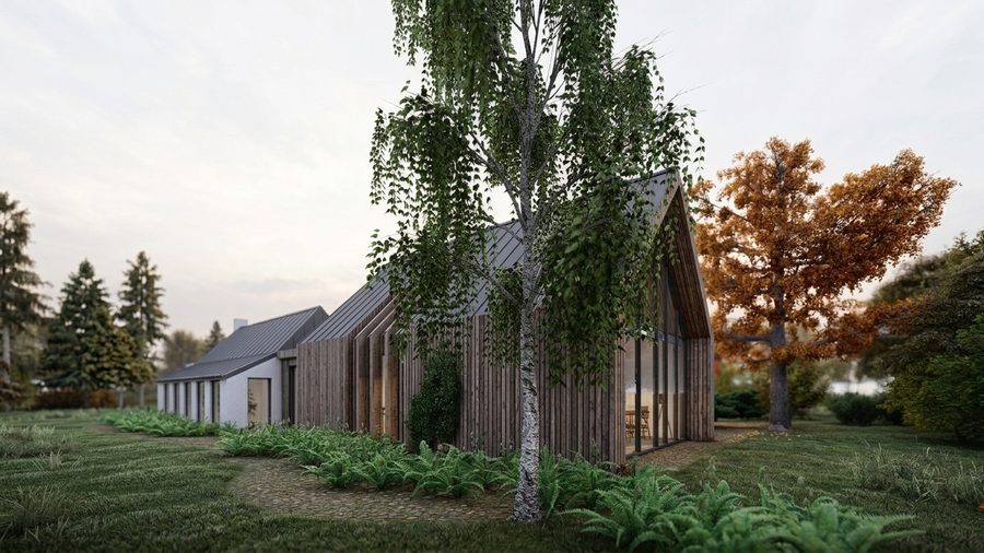 Langgerekte woonboerderij in Lettelbert met een houten gevel, in de herfst gezien vanaf het erf
