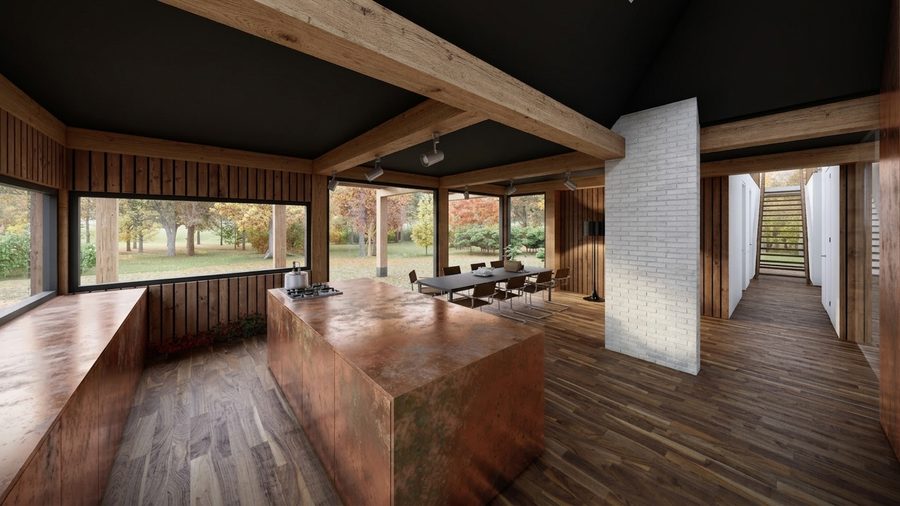 Keuken met een houten kookeiland onder een houten plafond, met zicht op de tuin