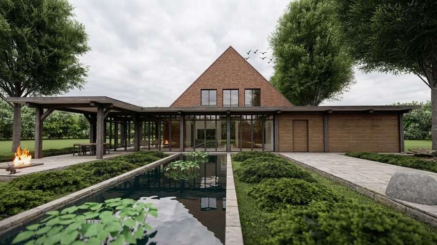 Visualisatie uit het ontwerp, met de veranda langs de tuinzijde