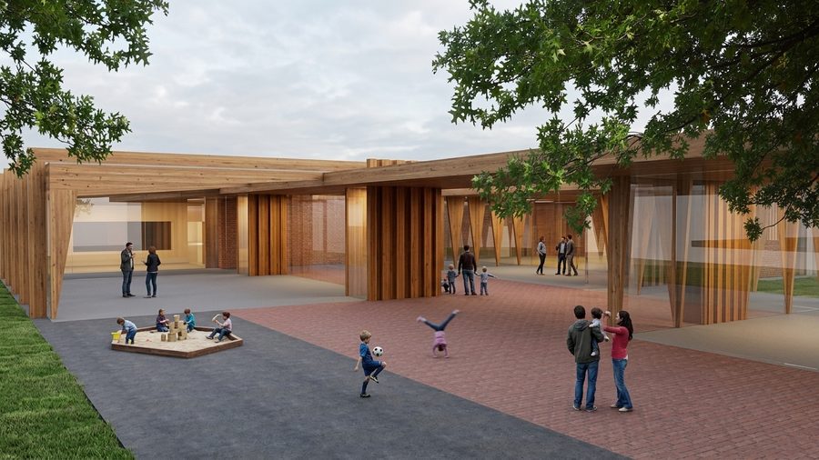 Ontwerp voor een zelfvoorzienende school, opgebouwd uit losse lokaalvolumes rond een plein